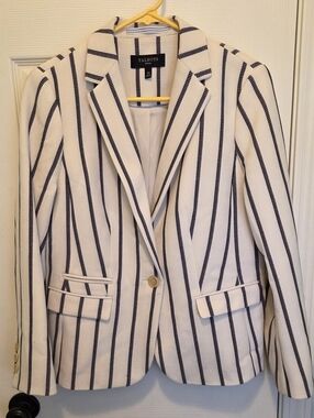 Talbots White W Vertical Navy Stripes Aberdeen Textured Single Button Blazer 10P